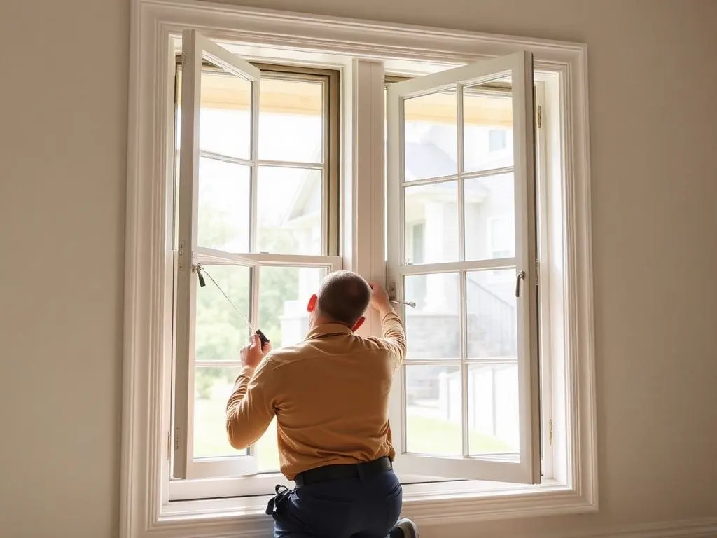 Technician fitting a new spiral balance into the jamb channel of a hung window